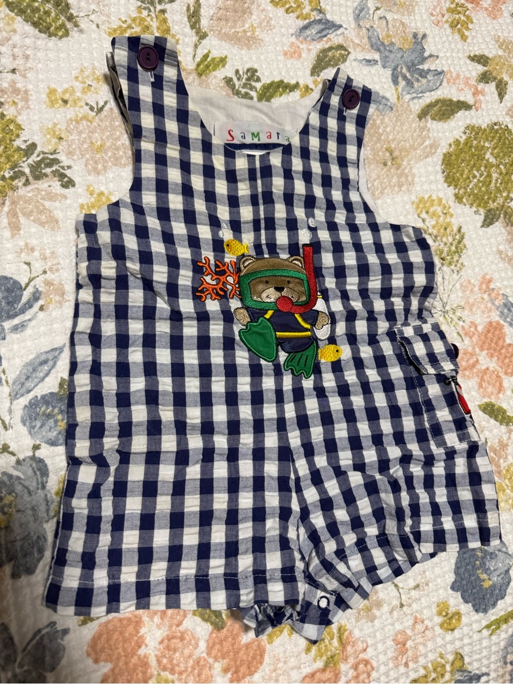 Navy Gingham Baby Romper with Diver Bear Appliqué